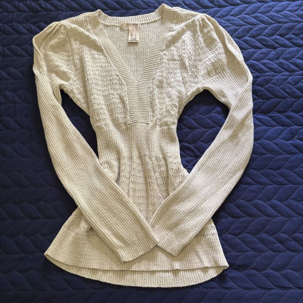 Y2K DKYN Jeans Petite Tan Babydoll Long sleeve Glitter Sparkle Sweater